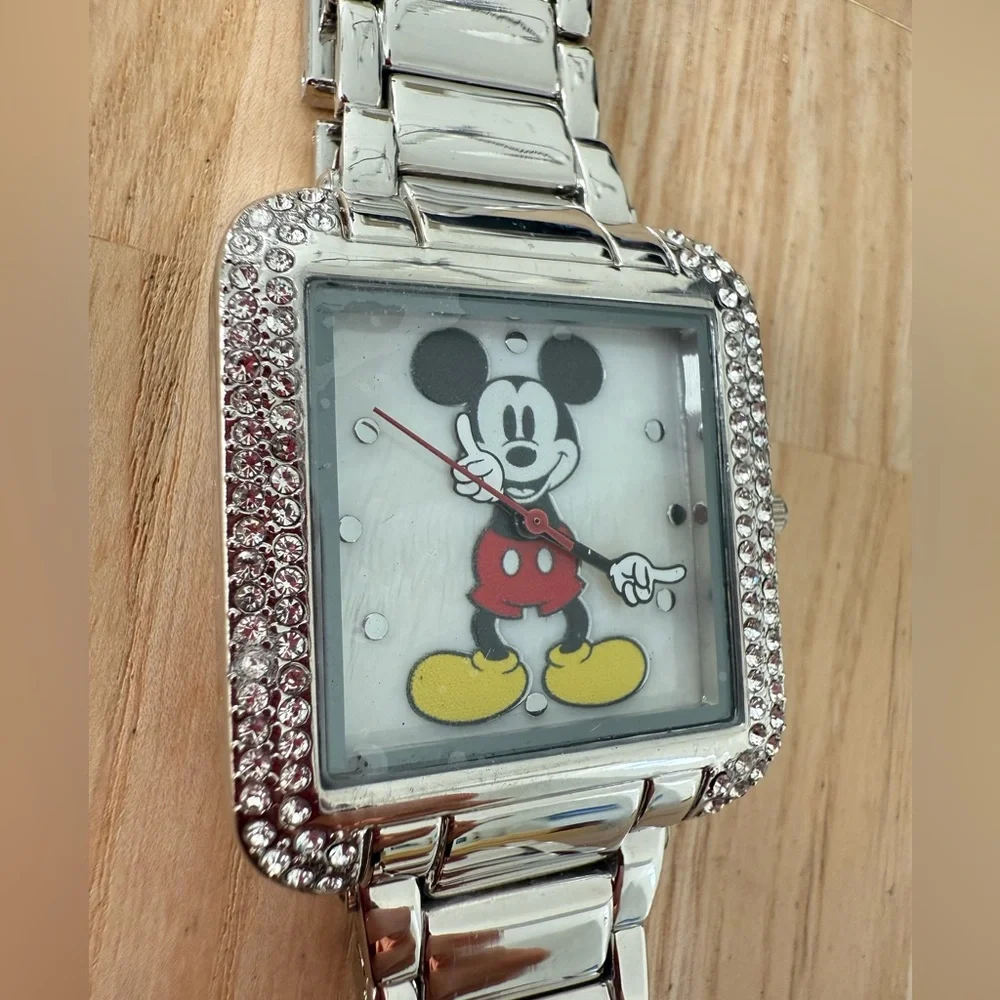 Disney rectangular Mickey Mouse silver tone watch NEW BATTERY